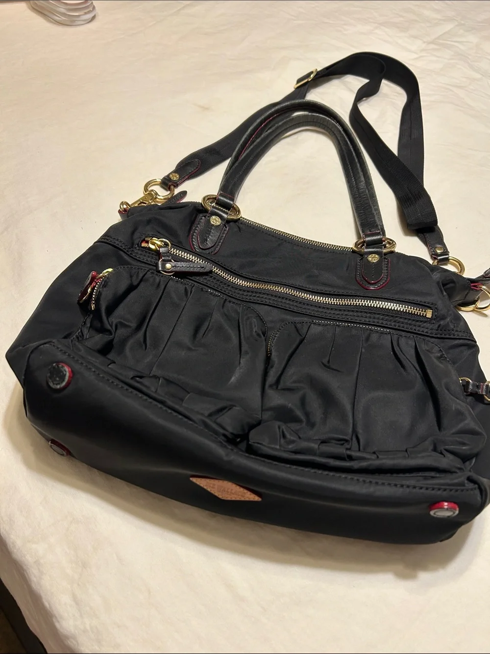 MZ Wallace Black Nylon Satchel with Gold Hardware and Red Trim